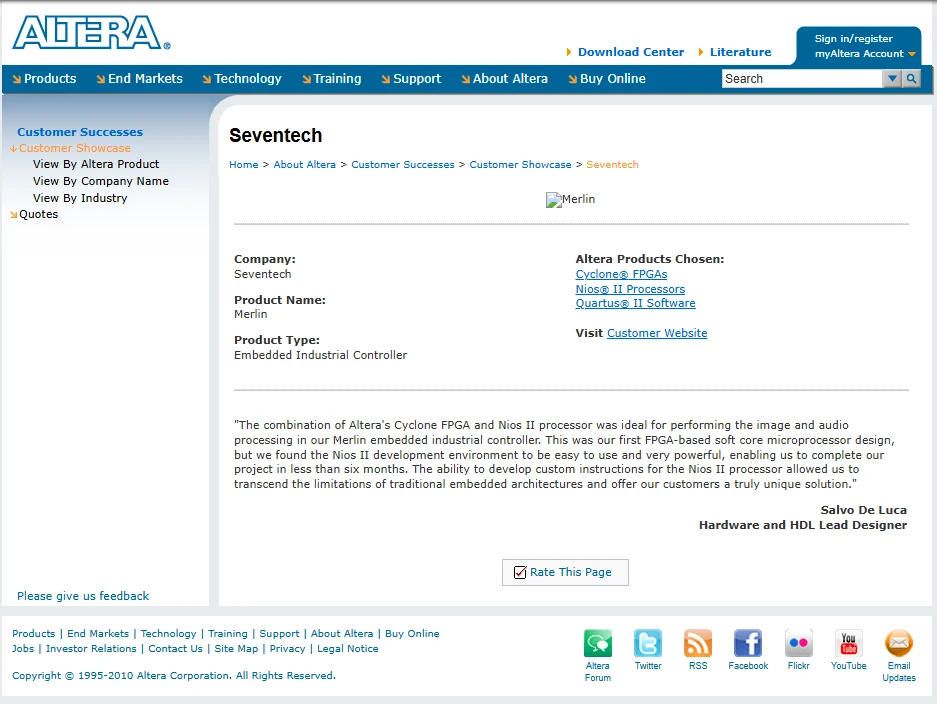 La pagina Customer Showcase di Altera dedicata alla Merlino Board di Seventech, con la citazione di Salvo De Luca