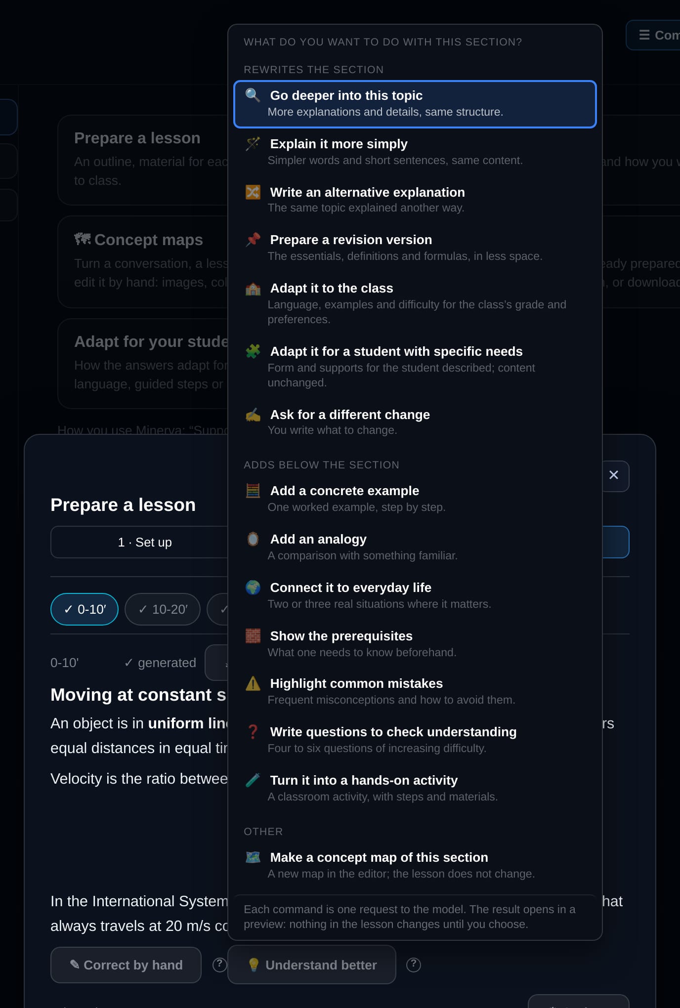 App screenshot: the Understand better menu open on one section of a lesson, with commands grouped under “Rewrites the section”, “Adds below the section” and “Other”, each with a line explaining what it does.