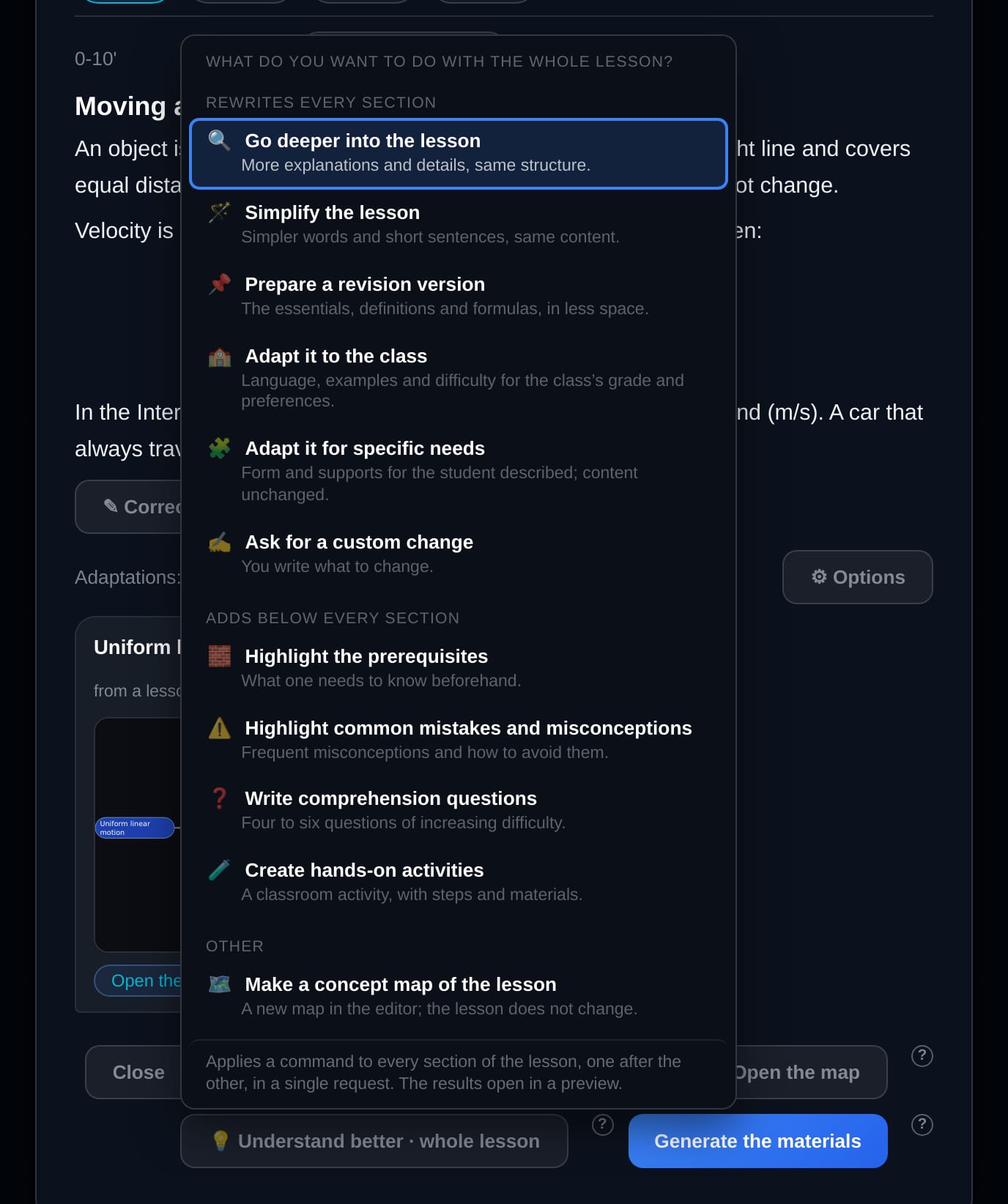 App screenshot: the Understand better menu for the whole lesson, with commands that rewrite every section, commands that add content below every section and the lesson concept map.