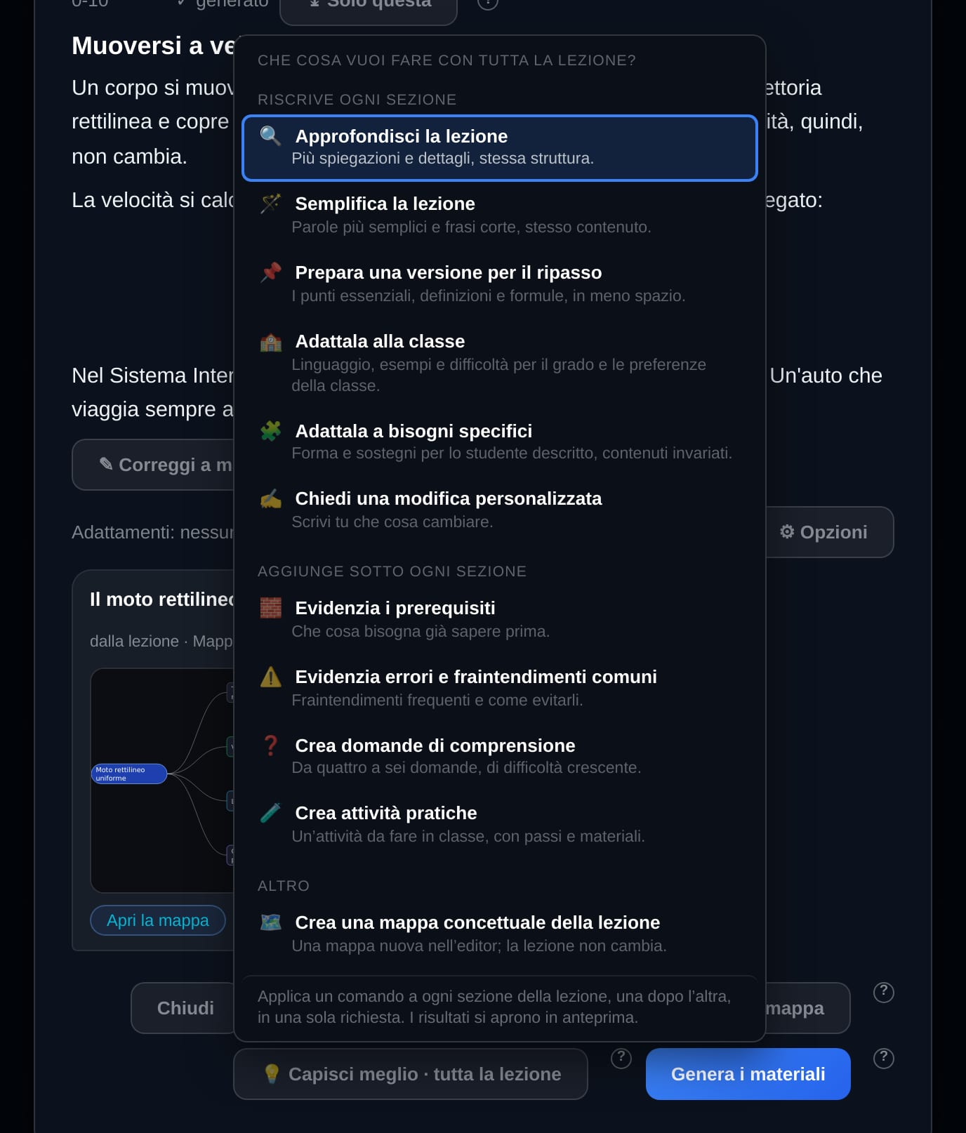 Schermata dell’app: il menu Capisci meglio per tutta la lezione, con i comandi che riscrivono ogni sezione, quelli che aggiungono contenuto sotto ogni sezione e la mappa concettuale della lezione.